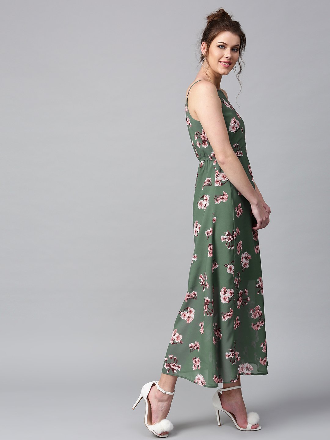 Floral Printed Maxi Dress - Green and pink floral print