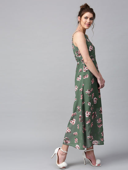 Floral Printed Maxi Dress - Green and pink floral print