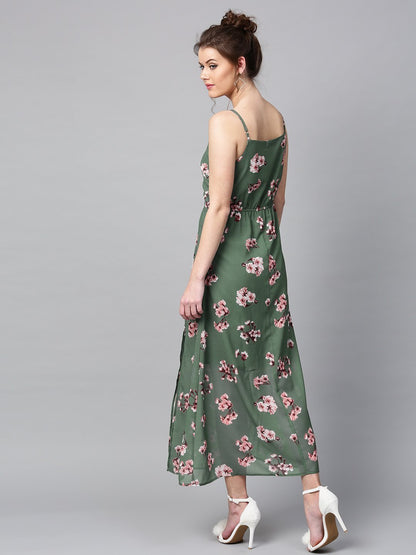 Floral Printed Maxi Dress - Green and pink floral print