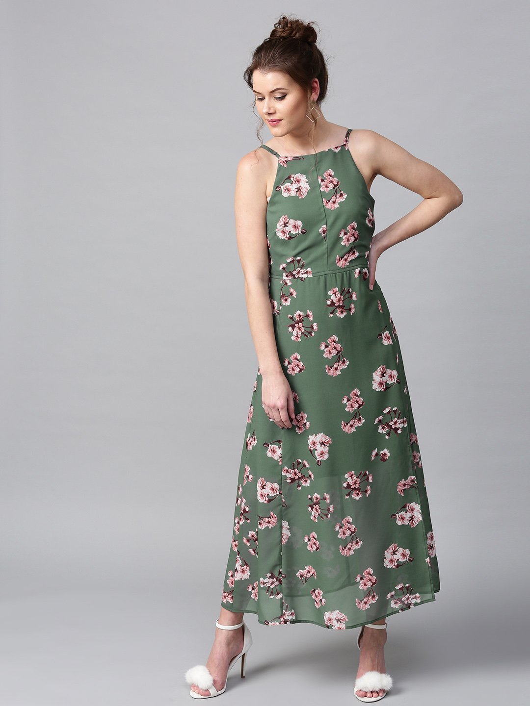 Floral Printed Maxi Dress - Green and pink floral print