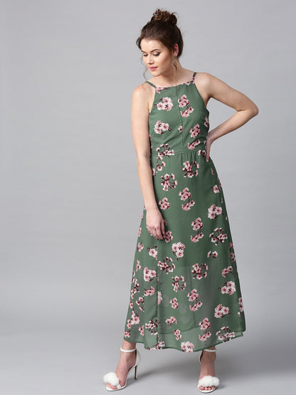 Floral Printed Maxi Dress - Green and pink floral print