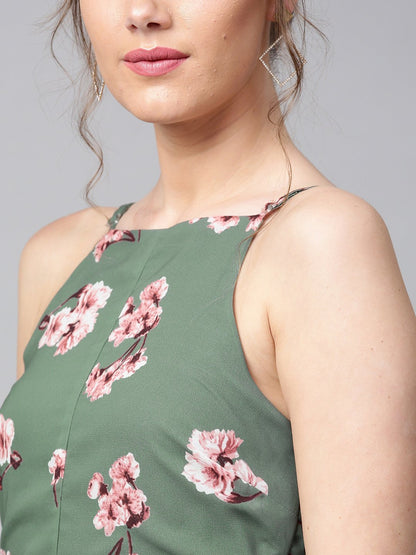 Floral Printed Maxi Dress - Green and pink floral print