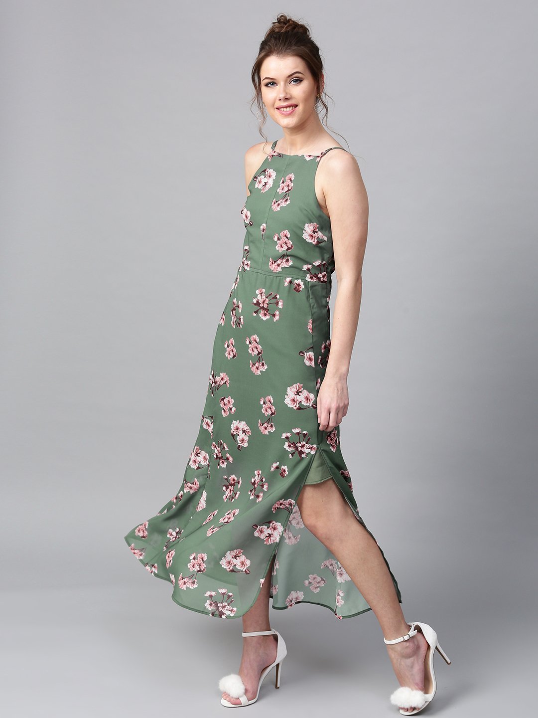 Floral Printed Maxi Dress - Green and pink floral print