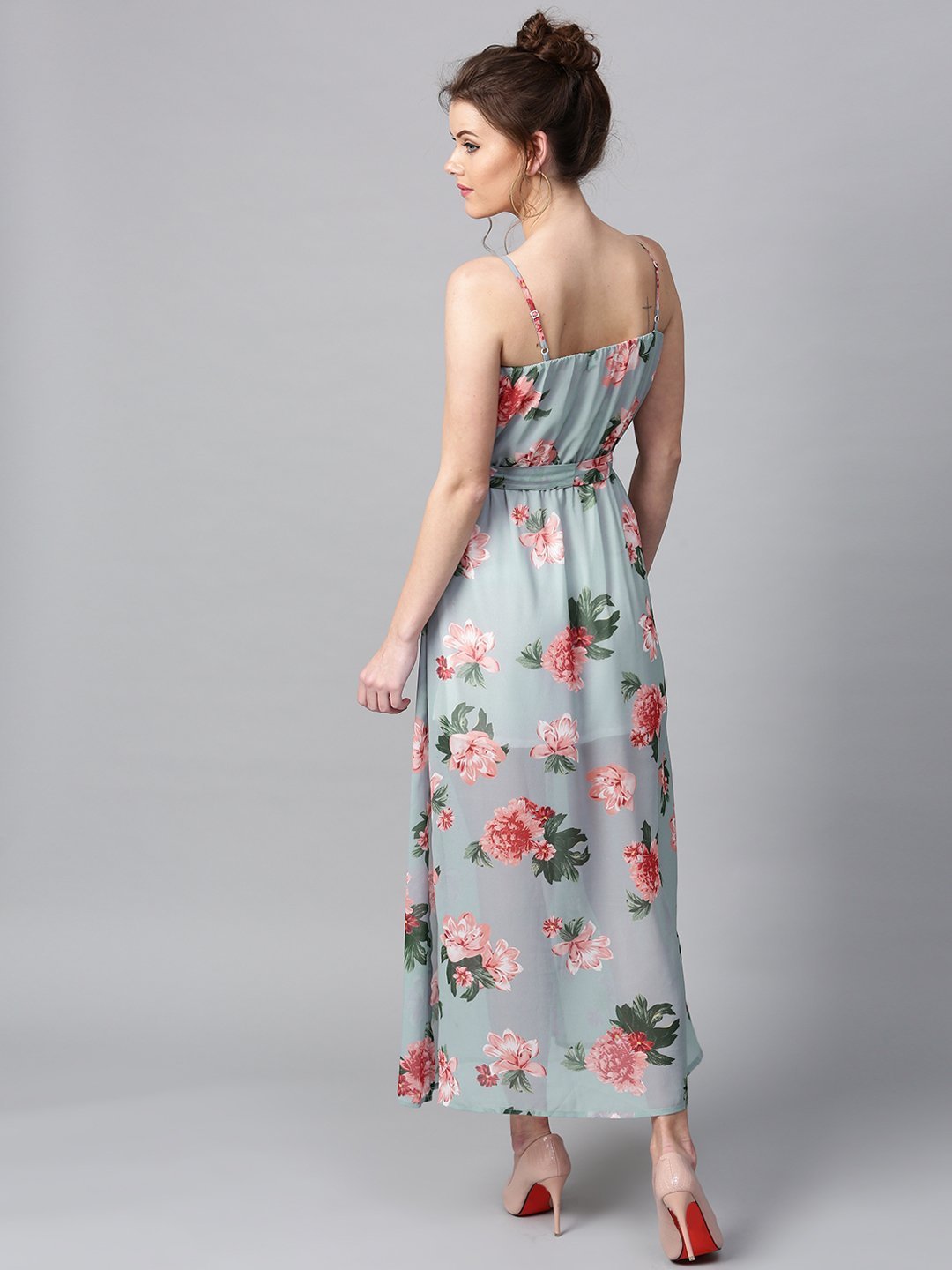 Floral Printed Maxi Dress - Blue and peach floral print