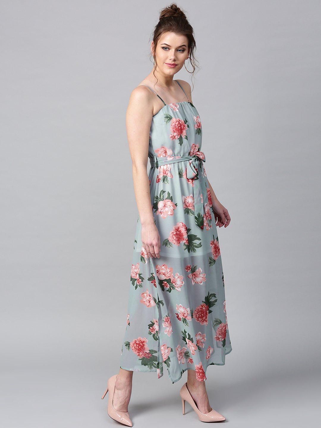 Floral Printed Maxi Dress - Blue and peach floral print