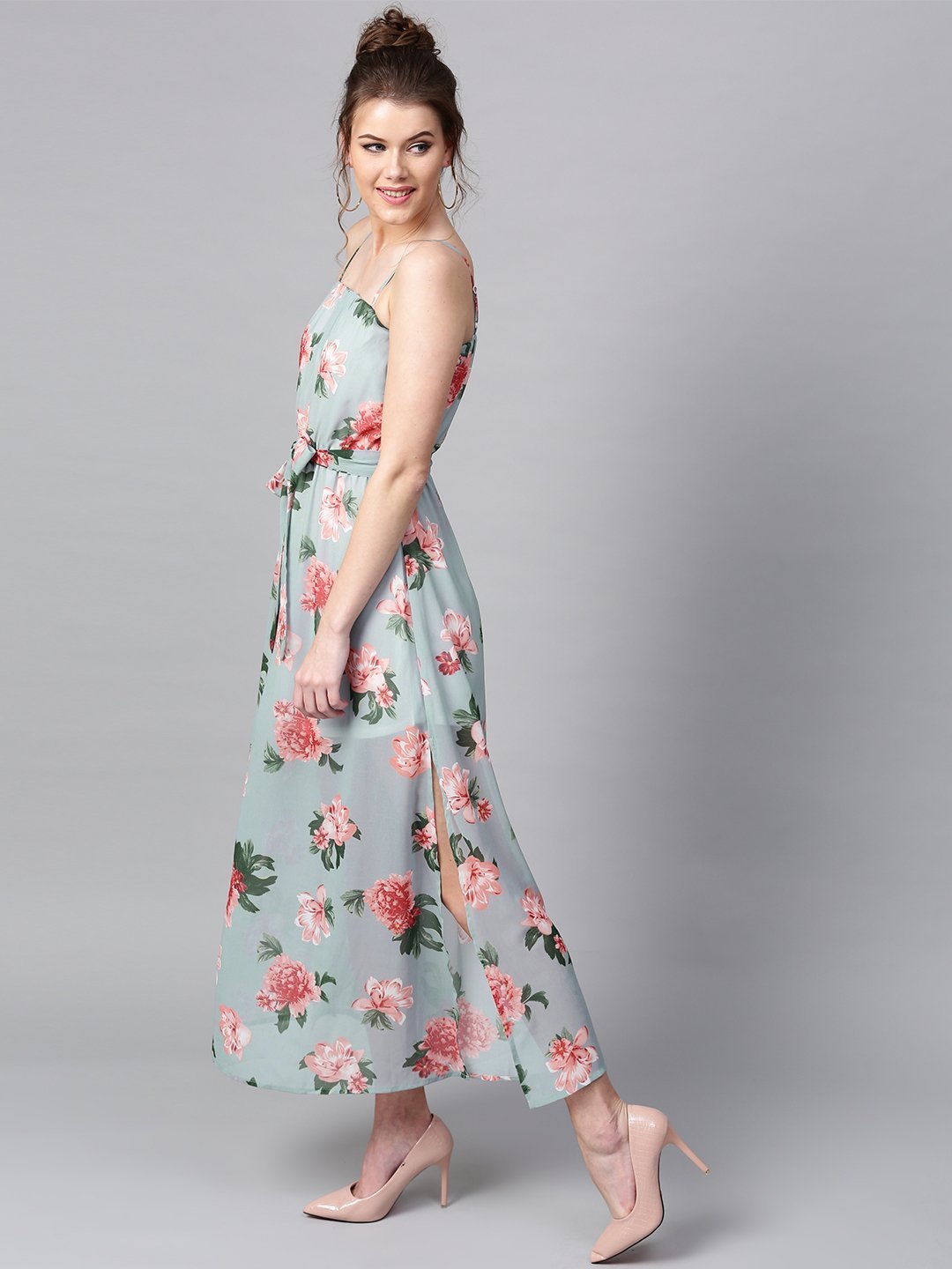 Floral Printed Maxi Dress - Blue and peach floral print