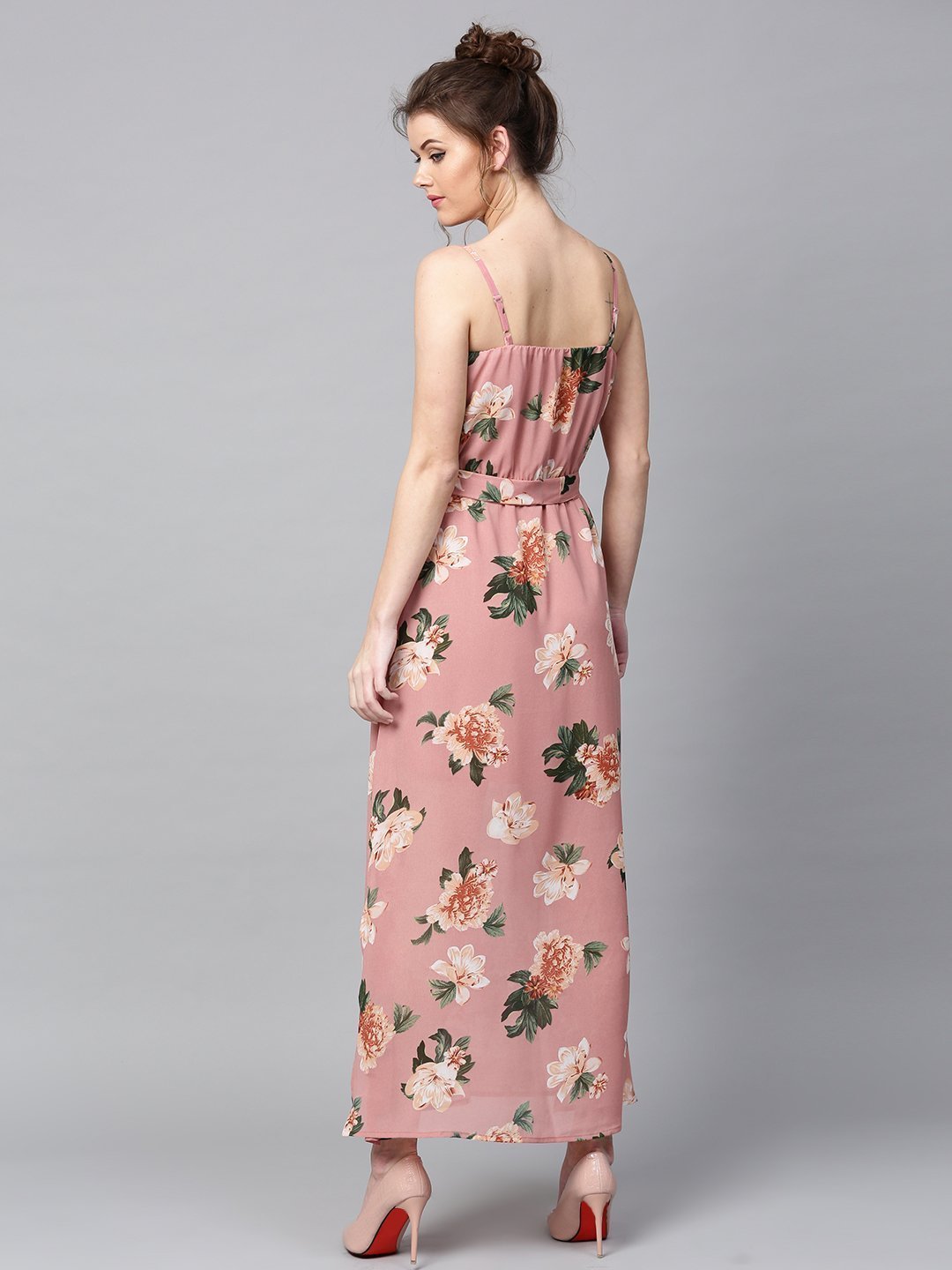 Floral Printed Maxi Dress - Dusty pink and green floral print