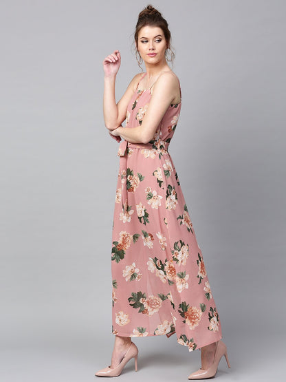 Floral Printed Maxi Dress - Dusty pink and green floral print