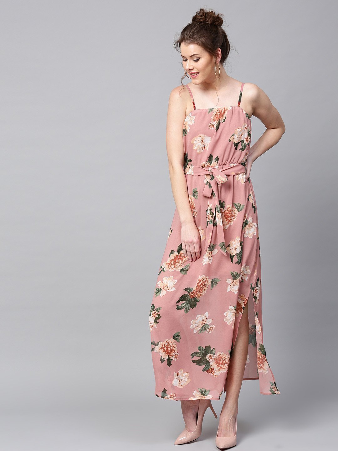 Floral Printed Maxi Dress - Dusty pink and green floral print