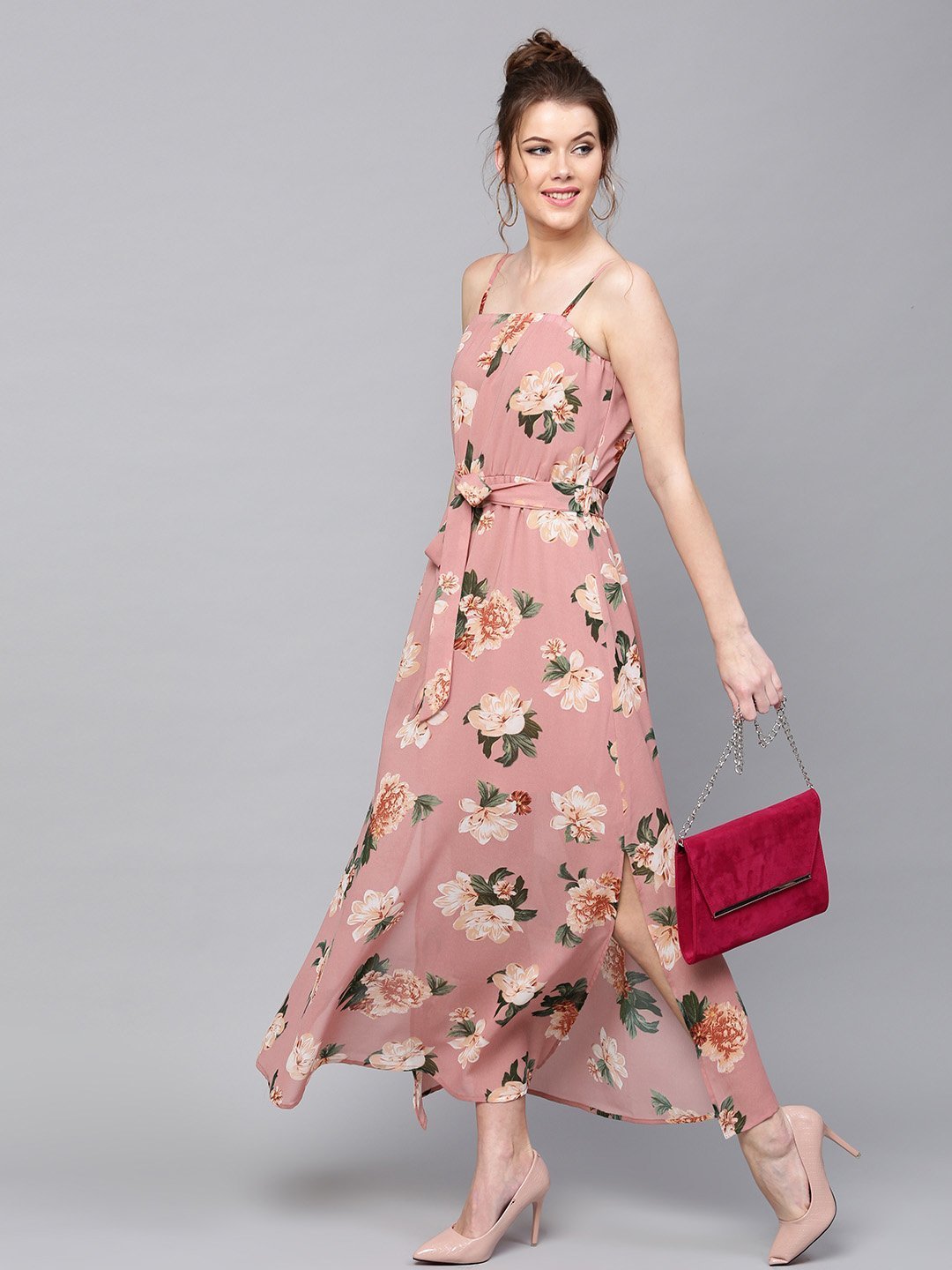 Floral Printed Maxi Dress - Dusty pink and green floral print